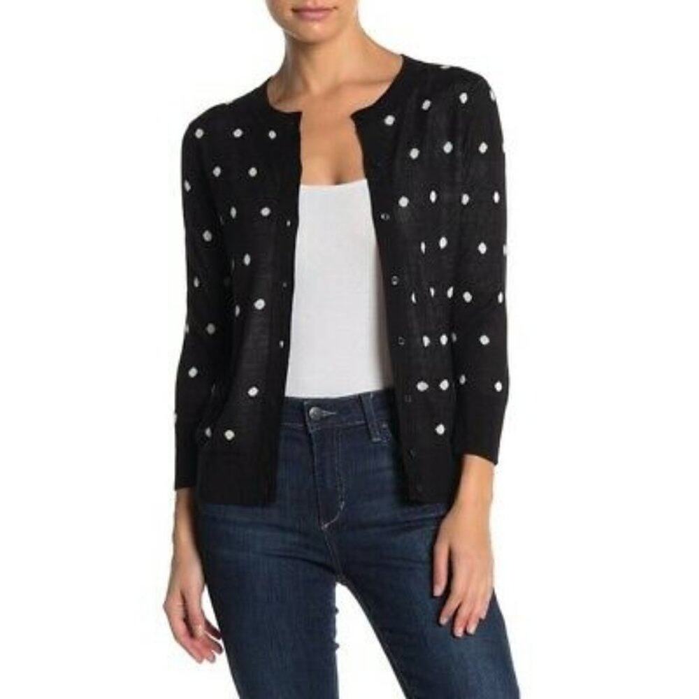Halogen Crewneck Front Button Cardigan Sweater Small Black WHITE POLKA DOT